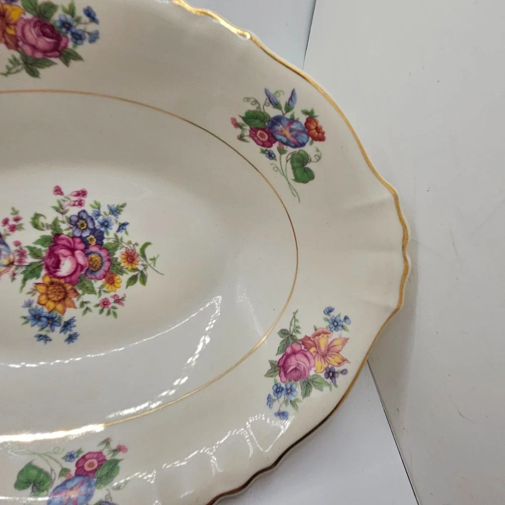 Vintage Syracuse China Federal Shape Oval Serving Bowl Floral Gold Tone Trim 10